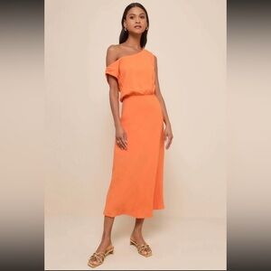 Lulus casual enchantment orange linen off the shoulder maxi dress - size S